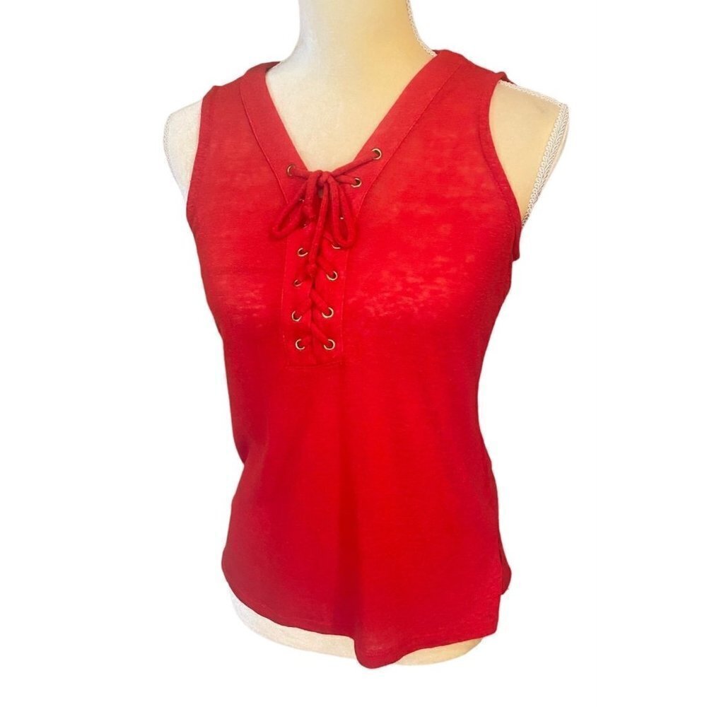 INC International Concept Linen Blend Lace Tie-Up Tank Top, Red,  Womens P/S